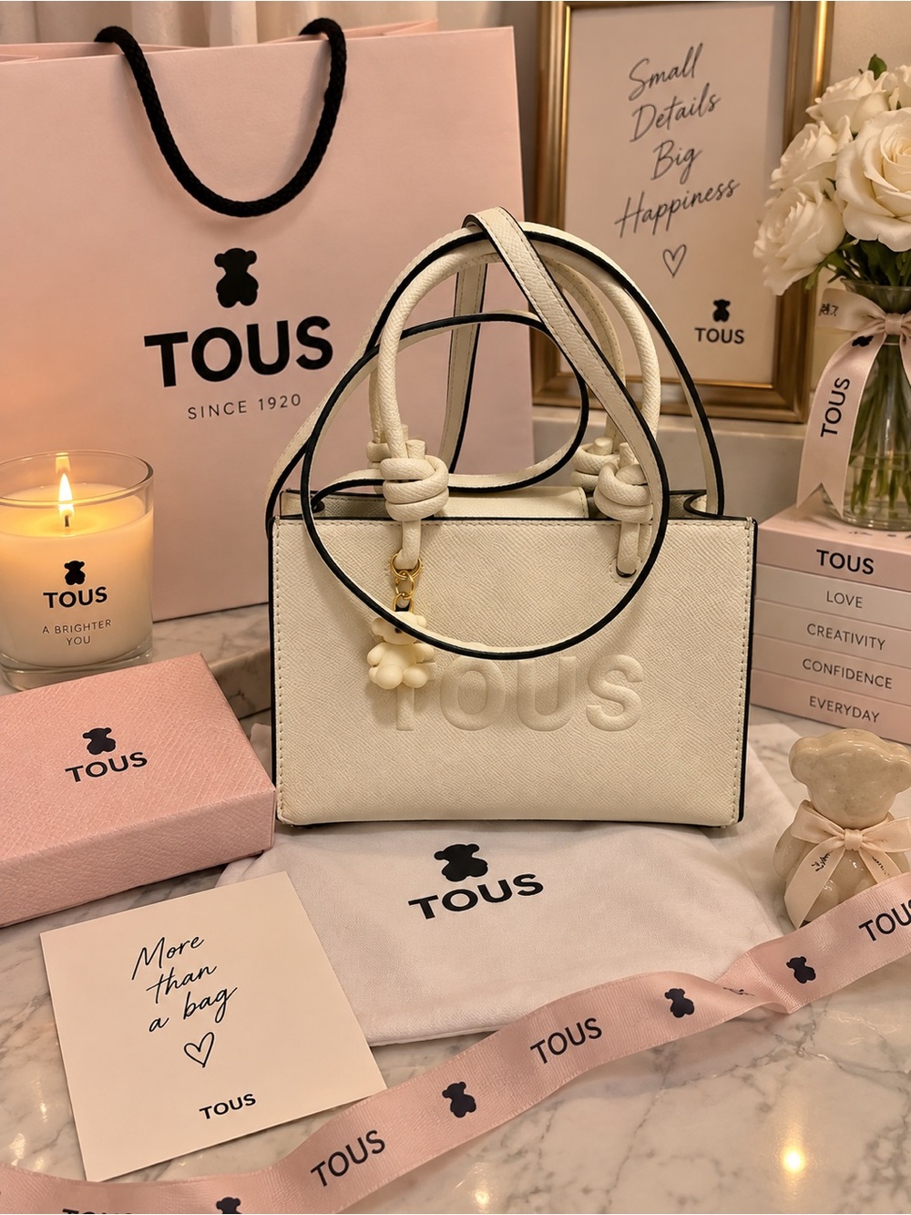 TOUS Cream Leather Shoulder Bag with Bear Charm